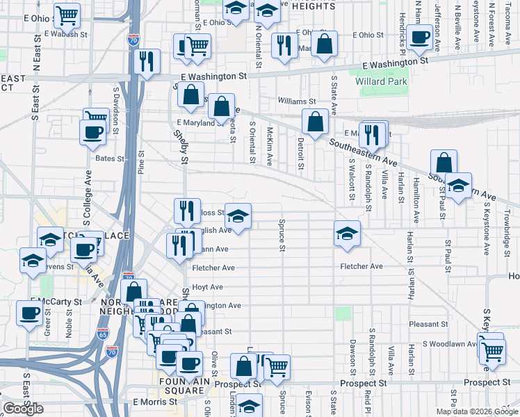 map of restaurants, bars, coffee shops, grocery stores, and more near 1430 Deloss Street in Indianapolis