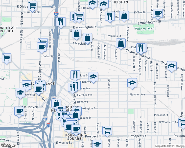 map of restaurants, bars, coffee shops, grocery stores, and more near 1326 Deloss Street in Indianapolis