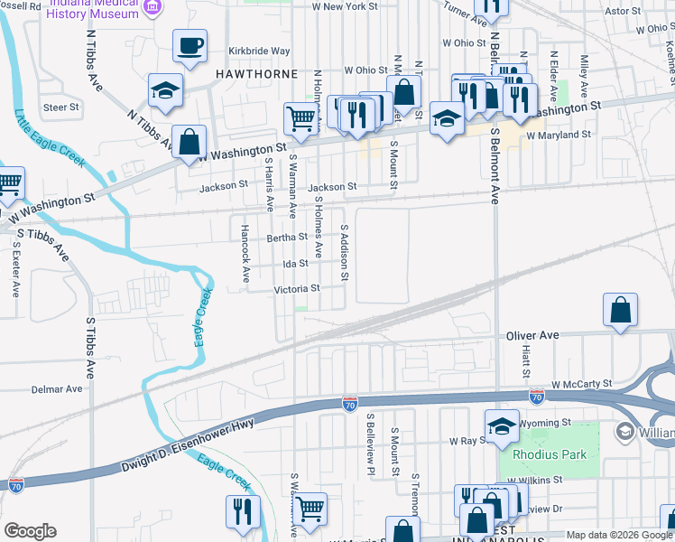 map of restaurants, bars, coffee shops, grocery stores, and more near 421 South Holmes Avenue in Indianapolis