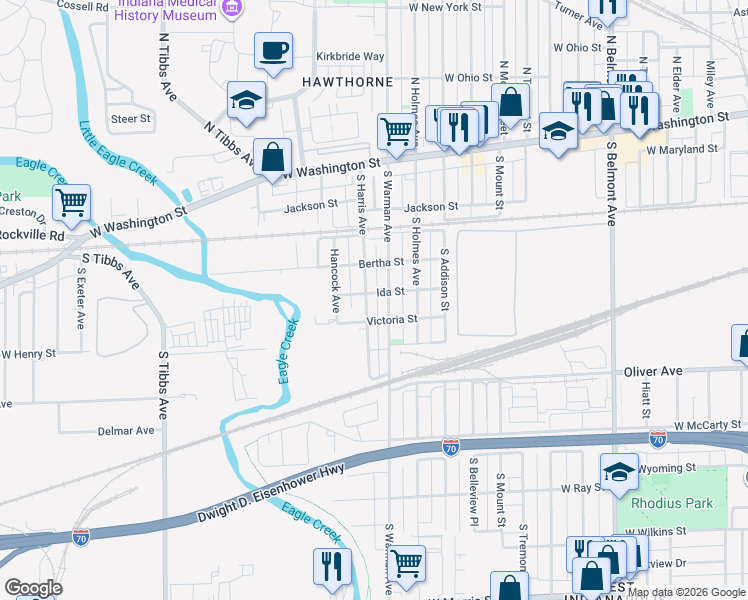map of restaurants, bars, coffee shops, grocery stores, and more near 417 South Warman Avenue in Indianapolis
