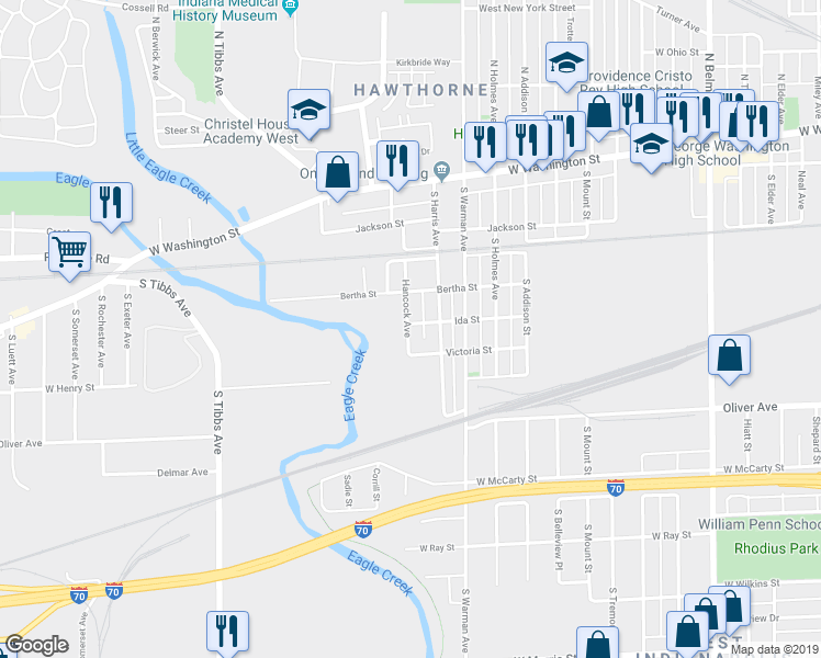 map of restaurants, bars, coffee shops, grocery stores, and more near 2917 Ida Street in Indianapolis