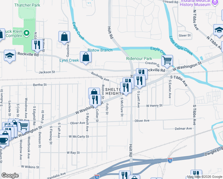 map of restaurants, bars, coffee shops, grocery stores, and more near 332 South McClure Street in Indianapolis