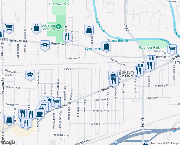 map of restaurants, bars, coffee shops, grocery stores, and more near 318 South Roena Street in Indianapolis