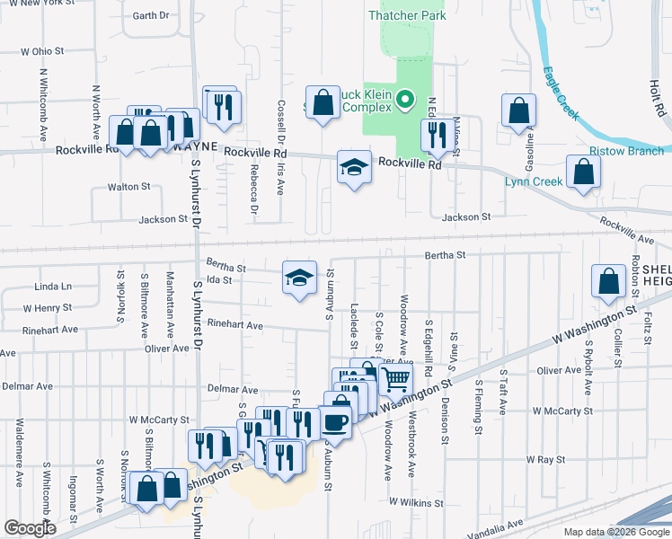 map of restaurants, bars, coffee shops, grocery stores, and more near 5006 Bertha Street in Indianapolis