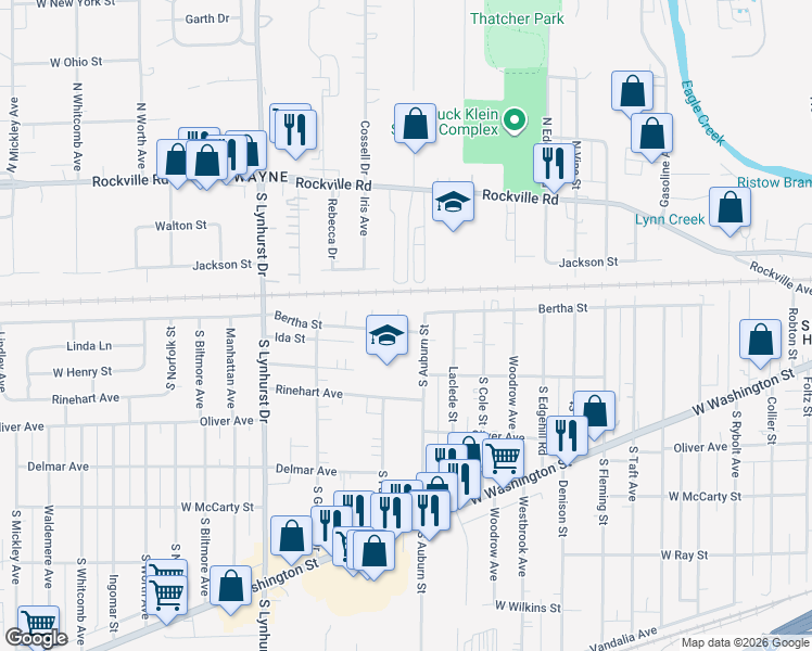 map of restaurants, bars, coffee shops, grocery stores, and more near 5006 Bertha Street in Indianapolis