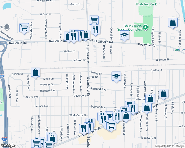 map of restaurants, bars, coffee shops, grocery stores, and more near 309 South Lynhurst Drive in Indianapolis