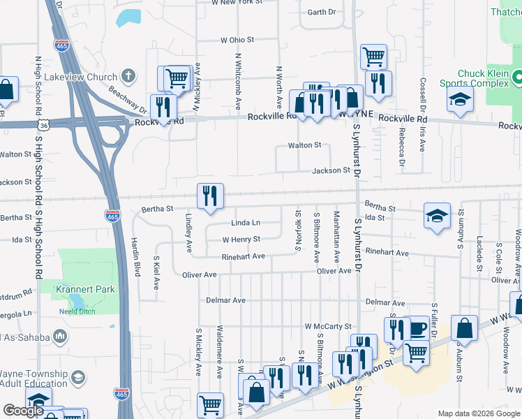 map of restaurants, bars, coffee shops, grocery stores, and more near 5529 Bertha Street in Indianapolis