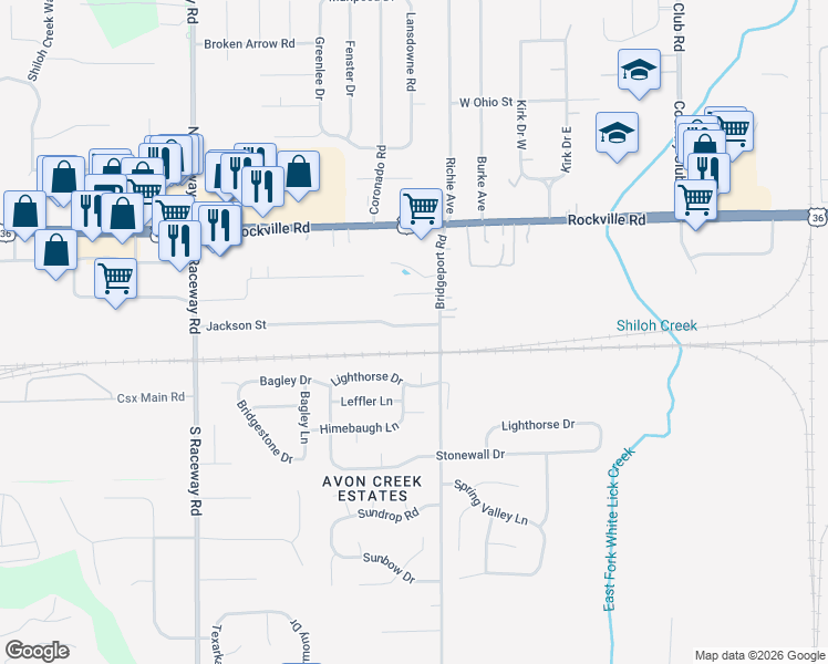 map of restaurants, bars, coffee shops, grocery stores, and more near 8845 Jackson Street in Indianapolis