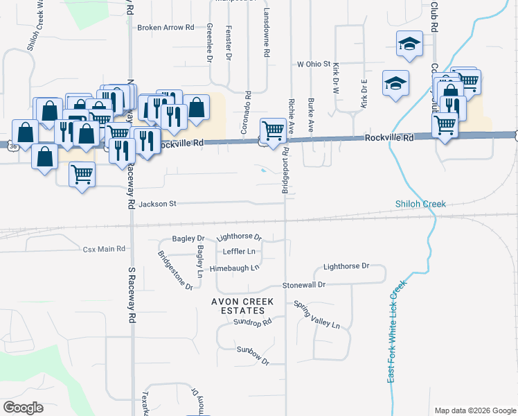 map of restaurants, bars, coffee shops, grocery stores, and more near 8845 Jackson Street in Indianapolis