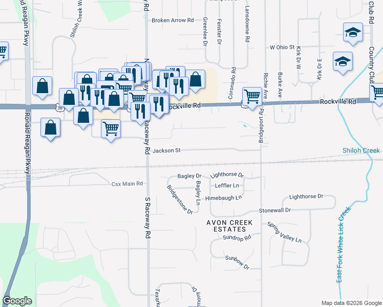 map of restaurants, bars, coffee shops, grocery stores, and more near 9107 Jackson Street in Indianapolis