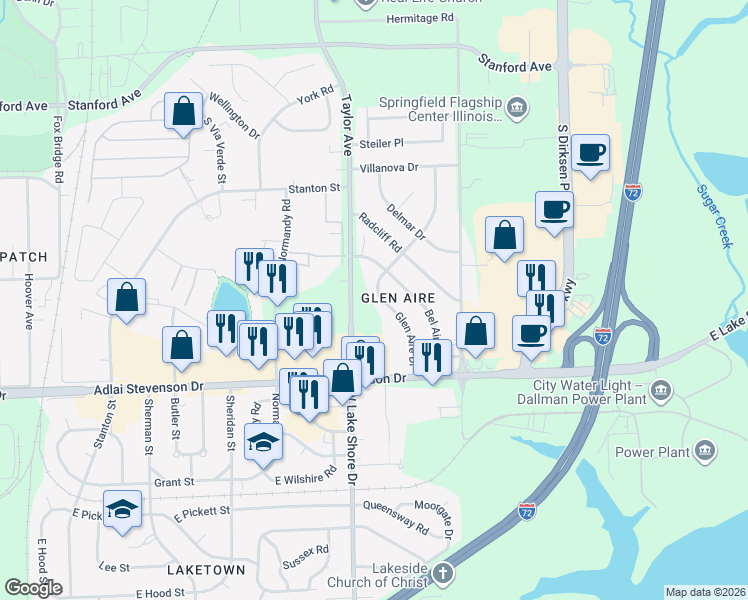 map of restaurants, bars, coffee shops, grocery stores, and more near 3100-3168 Taylor Avenue in Springfield
