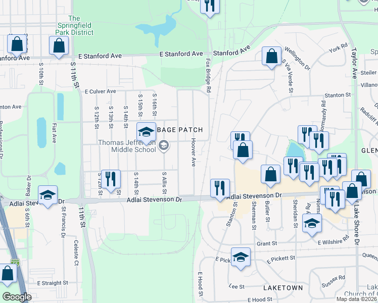 map of restaurants, bars, coffee shops, grocery stores, and more near 3016 South Woodward Street in Springfield