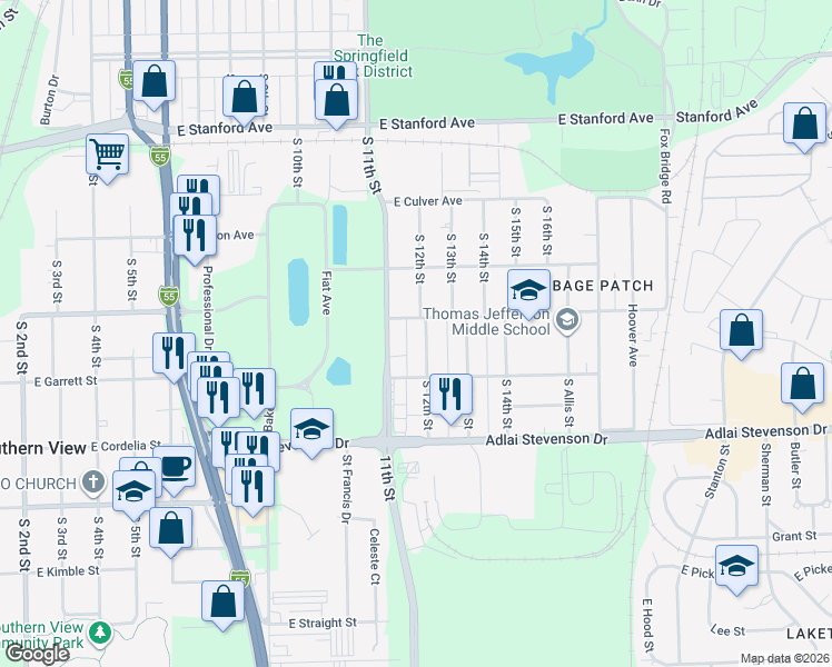map of restaurants, bars, coffee shops, grocery stores, and more near 3011 South 12th Street in Springfield