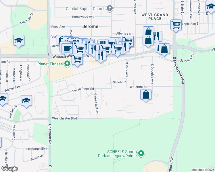 map of restaurants, bars, coffee shops, grocery stores, and more near 1430 Seven Pines Road in Springfield