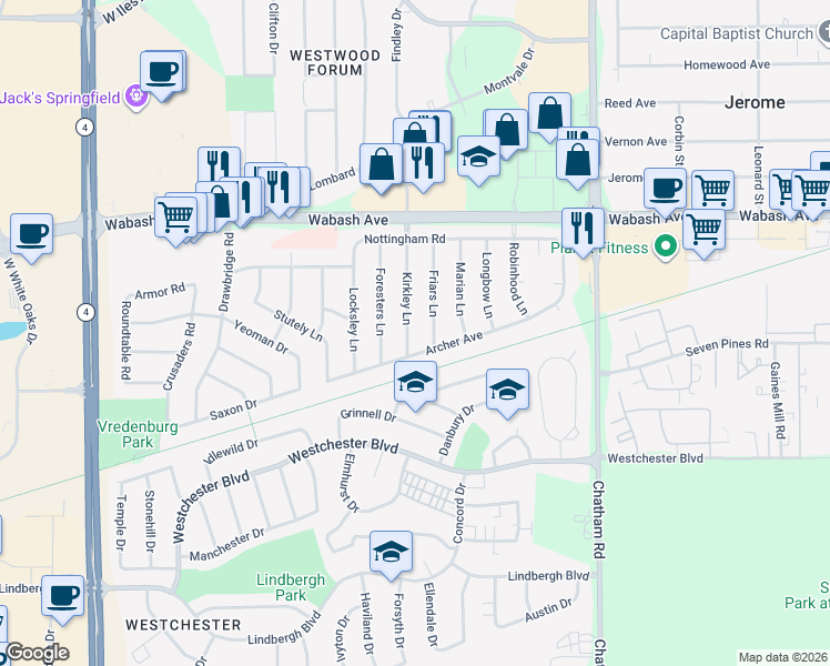 map of restaurants, bars, coffee shops, grocery stores, and more near 60 Kirkley Lane in Springfield
