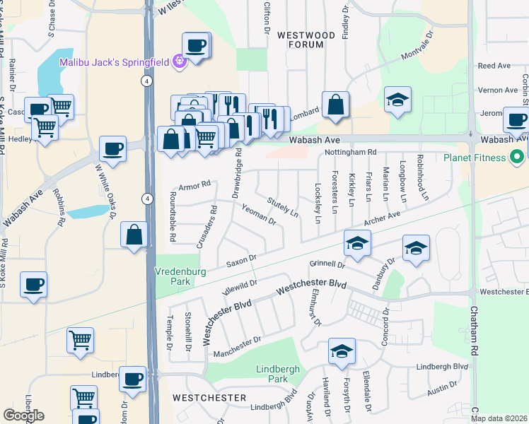 map of restaurants, bars, coffee shops, grocery stores, and more near 252-298 Yeoman Dr in Springfield