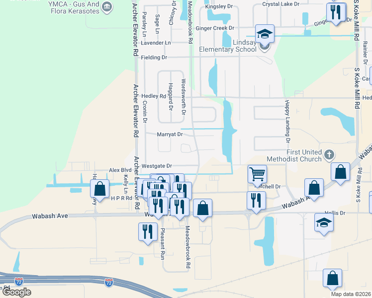 map of restaurants, bars, coffee shops, grocery stores, and more near Meadowbrook Road in Springfield
