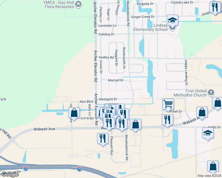 map of restaurants, bars, coffee shops, grocery stores, and more near 2917 Sandy Lane in Springfield