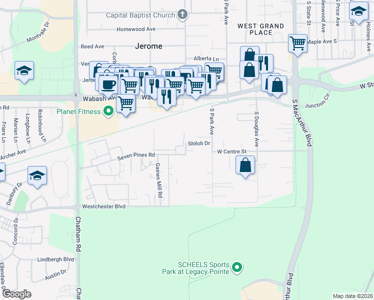 map of restaurants, bars, coffee shops, grocery stores, and more near 1430 Seven Pines Road in Springfield