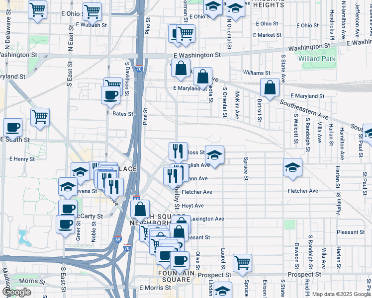 map of restaurants, bars, coffee shops, grocery stores, and more near 1128 Deloss Street in Indianapolis