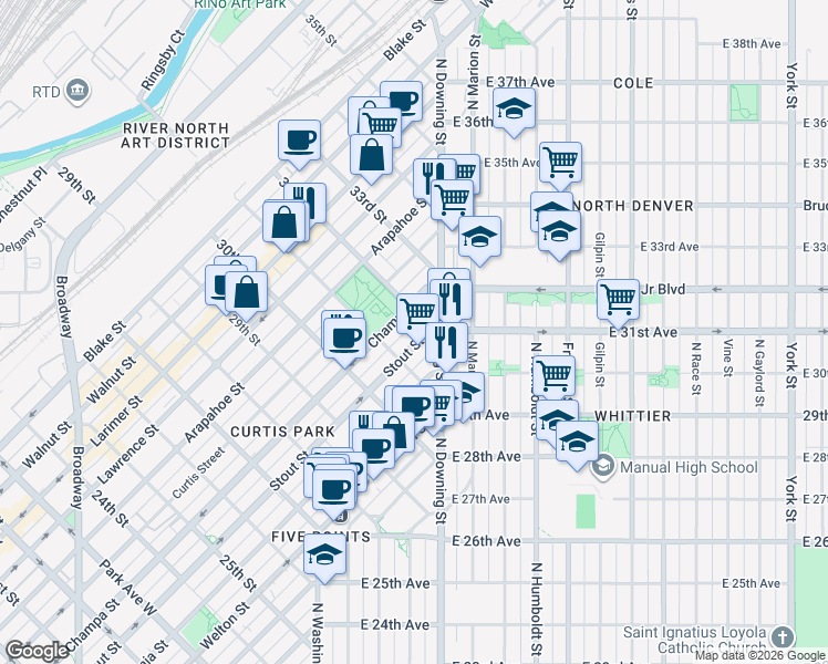 map of restaurants, bars, coffee shops, grocery stores, and more near 3133 Stout Street in Denver