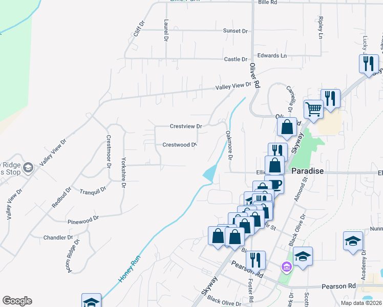 map of restaurants, bars, coffee shops, grocery stores, and more near 5805 Gradley Lane in Paradise