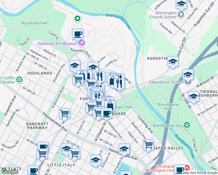 map of restaurants, bars, coffee shops, grocery stores, and more near 1903 North Scott Street in Wilmington
