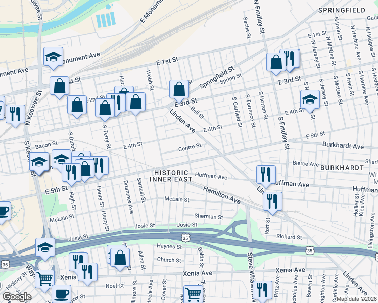 map of restaurants, bars, coffee shops, grocery stores, and more near 62 Centre Street in Dayton