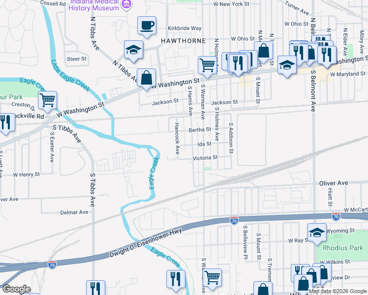 map of restaurants, bars, coffee shops, grocery stores, and more near 2917 Ida Street in Indianapolis