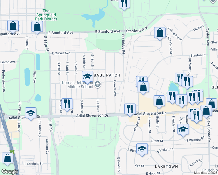 map of restaurants, bars, coffee shops, grocery stores, and more near 3016 South Woodward Street in Springfield