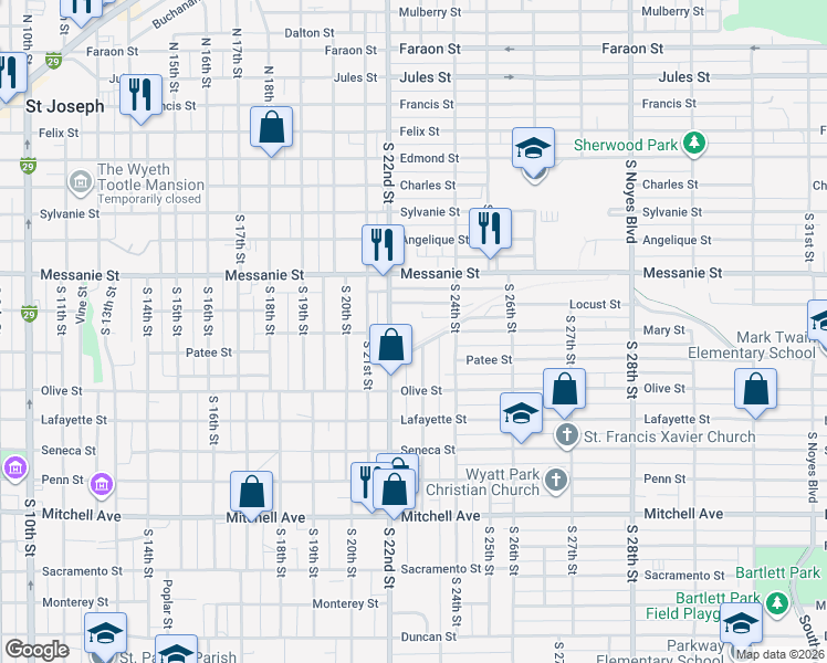map of restaurants, bars, coffee shops, grocery stores, and more near 701 South 22nd Street in Saint Joseph
