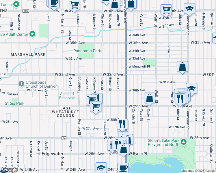 map of restaurants, bars, coffee shops, grocery stores, and more near 3002 Benton Street in Wheat Ridge