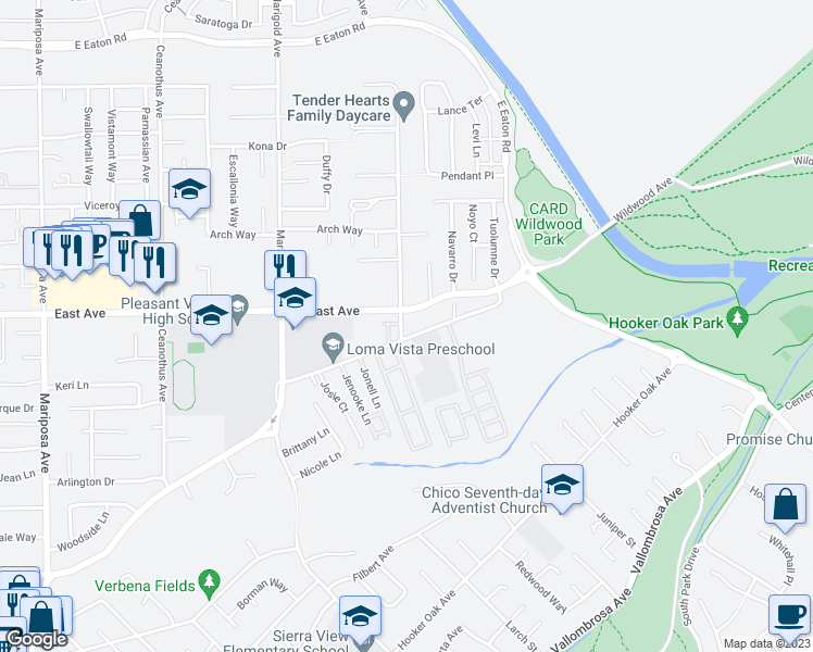 map of restaurants, bars, coffee shops, grocery stores, and more near 2416 Cactus Avenue in Chico
