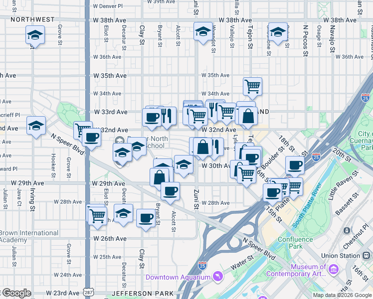 map of restaurants, bars, coffee shops, grocery stores, and more near 2425 West Caithness Place in Denver