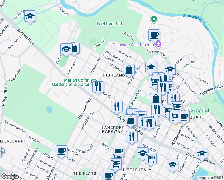 map of restaurants, bars, coffee shops, grocery stores, and more near 1413 Hamilton Street in Wilmington