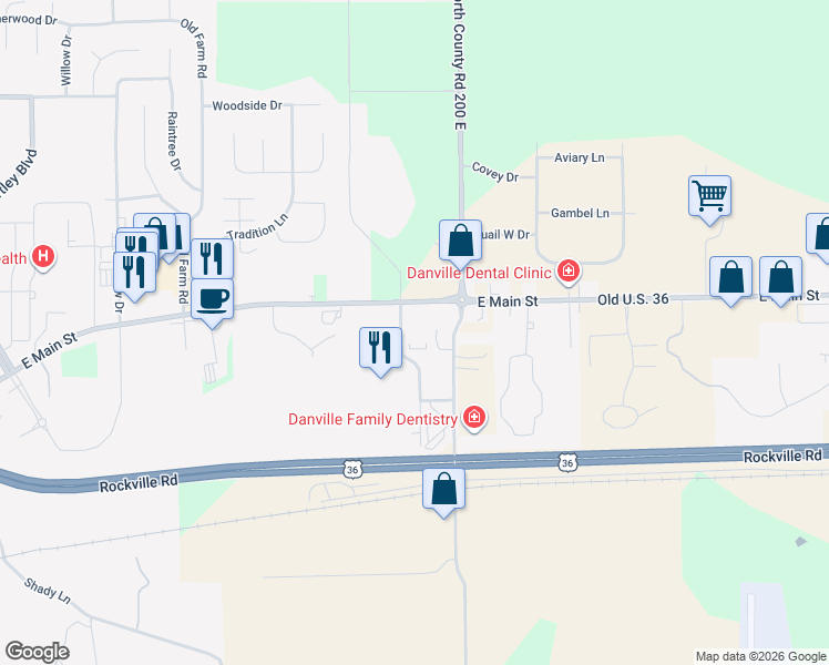 map of restaurants, bars, coffee shops, grocery stores, and more near 16 Ridge Avenue in Danville
