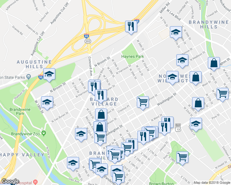 map of restaurants, bars, coffee shops, grocery stores, and more near 613 West 27th Street in Wilmington