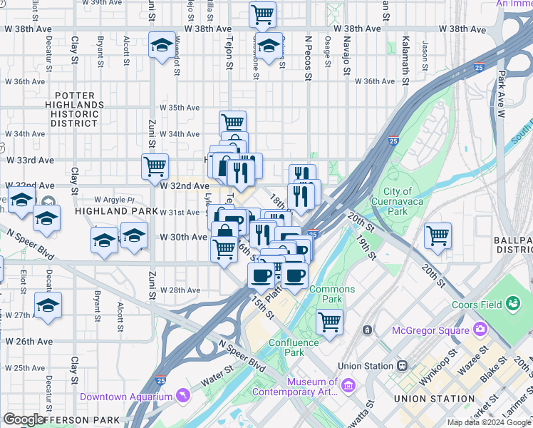 map of restaurants, bars, coffee shops, grocery stores, and more near 1729 Boulder Street in Denver
