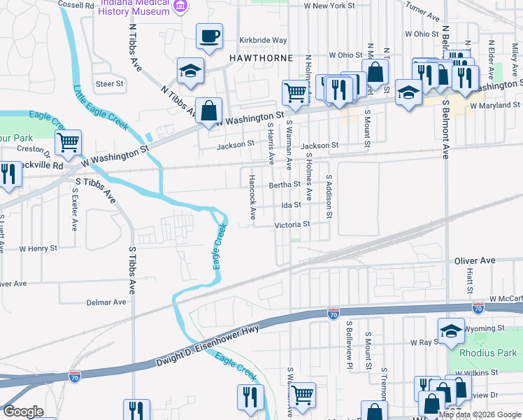 map of restaurants, bars, coffee shops, grocery stores, and more near 2917 Ida Street in Indianapolis