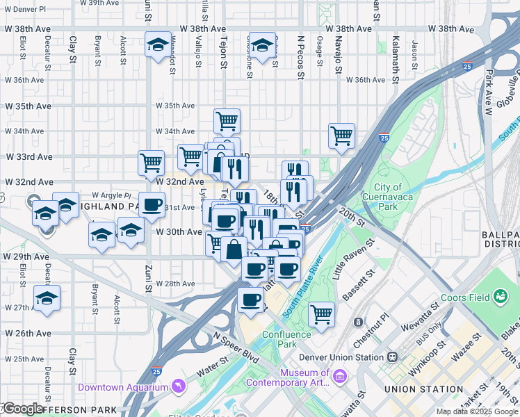 map of restaurants, bars, coffee shops, grocery stores, and more near 1733 Boulder Street in Denver
