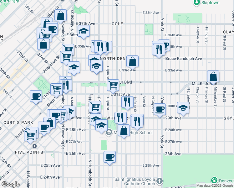 map of restaurants, bars, coffee shops, grocery stores, and more near East 31st Avenue & Williams Street in Denver