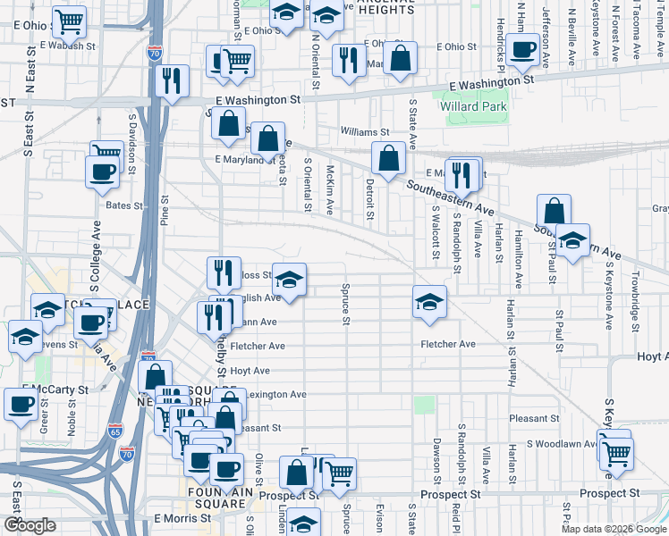 map of restaurants, bars, coffee shops, grocery stores, and more near 1430 Deloss Street in Indianapolis