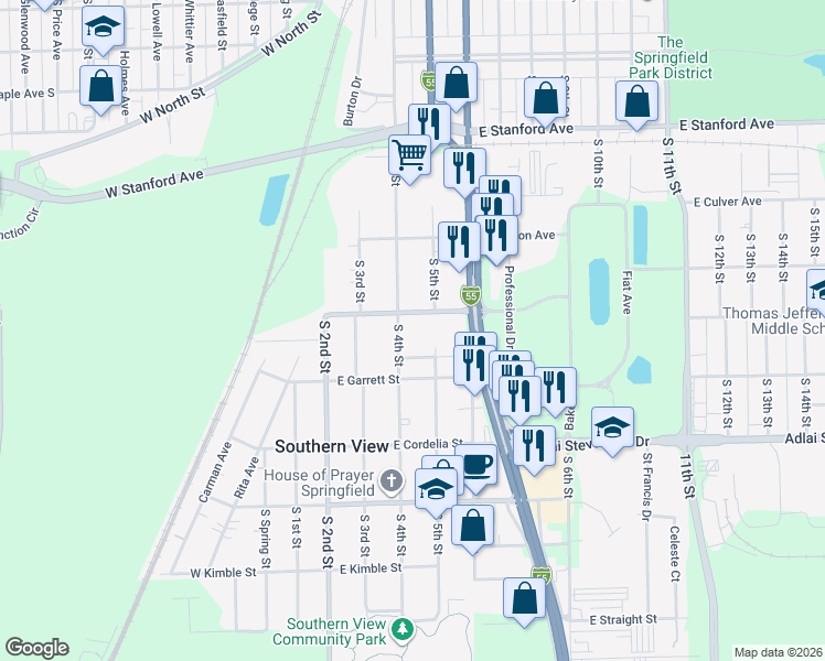 map of restaurants, bars, coffee shops, grocery stores, and more near 417 Kern Street in Southern View