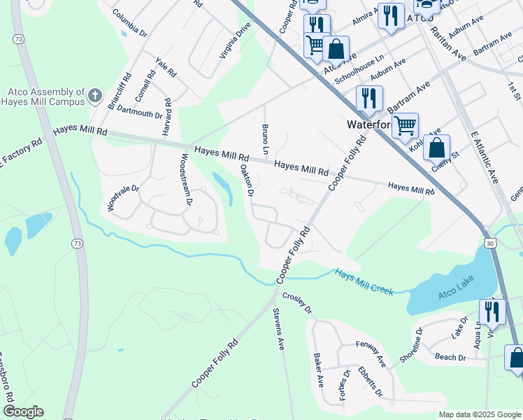 map of restaurants, bars, coffee shops, grocery stores, and more near 6 Foxton Drive in Atco