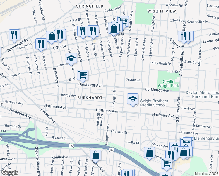 map of restaurants, bars, coffee shops, grocery stores, and more near 408 Burkhardt Avenue in Dayton