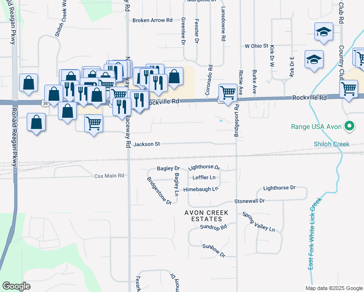 map of restaurants, bars, coffee shops, grocery stores, and more near 9011 Jackson Street in Indianapolis