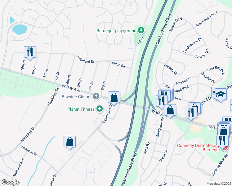 map of restaurants, bars, coffee shops, grocery stores, and more near 6 2nd Street in Barnegat Township