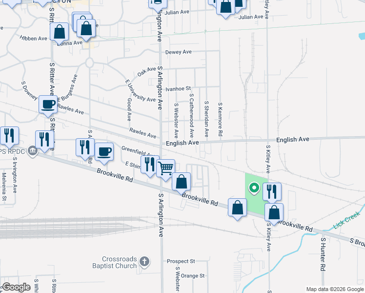 map of restaurants, bars, coffee shops, grocery stores, and more near 6027 English Avenue in Indianapolis