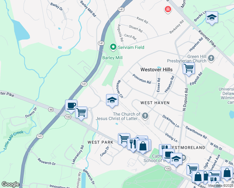 map of restaurants, bars, coffee shops, grocery stores, and more near 16 Westover Circle in Wilmington