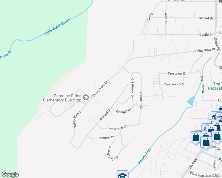 map of restaurants, bars, coffee shops, grocery stores, and more near 242 Valley View Drive in Paradise